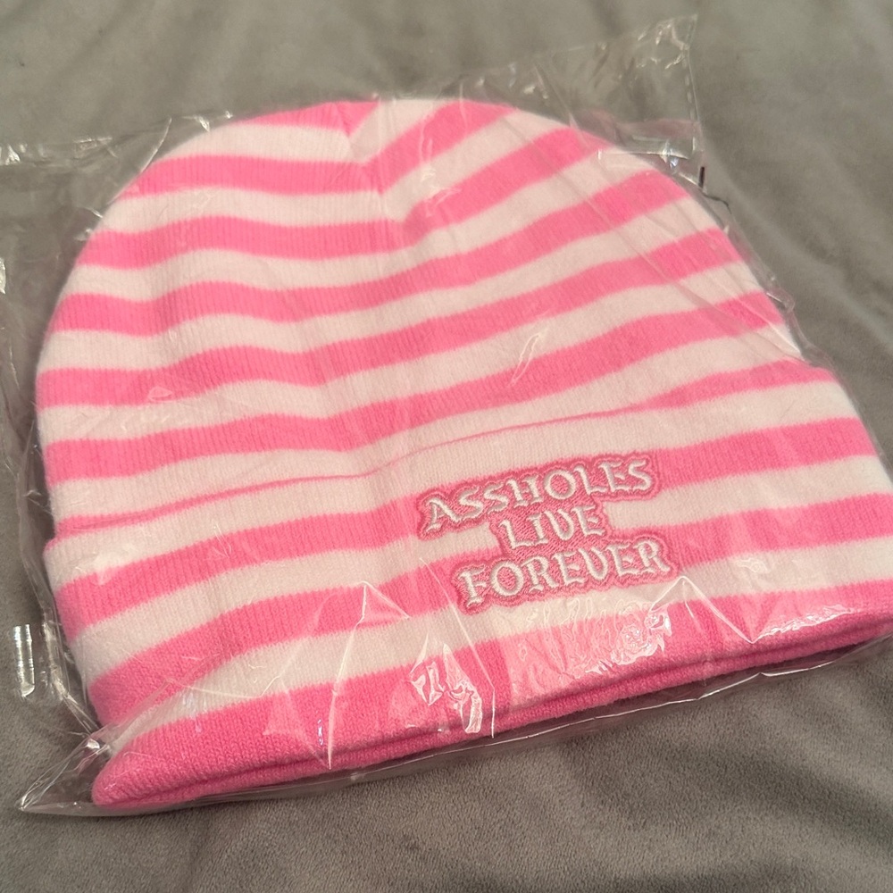 Assholes Live Forever Pink and White Striped Beanie Cap